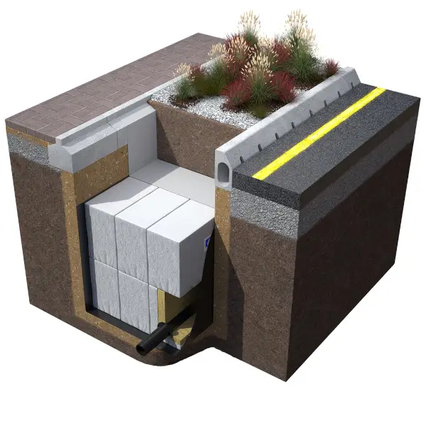 Render of Hydrorock from BluWater Solutions used in a rain garden and road run off